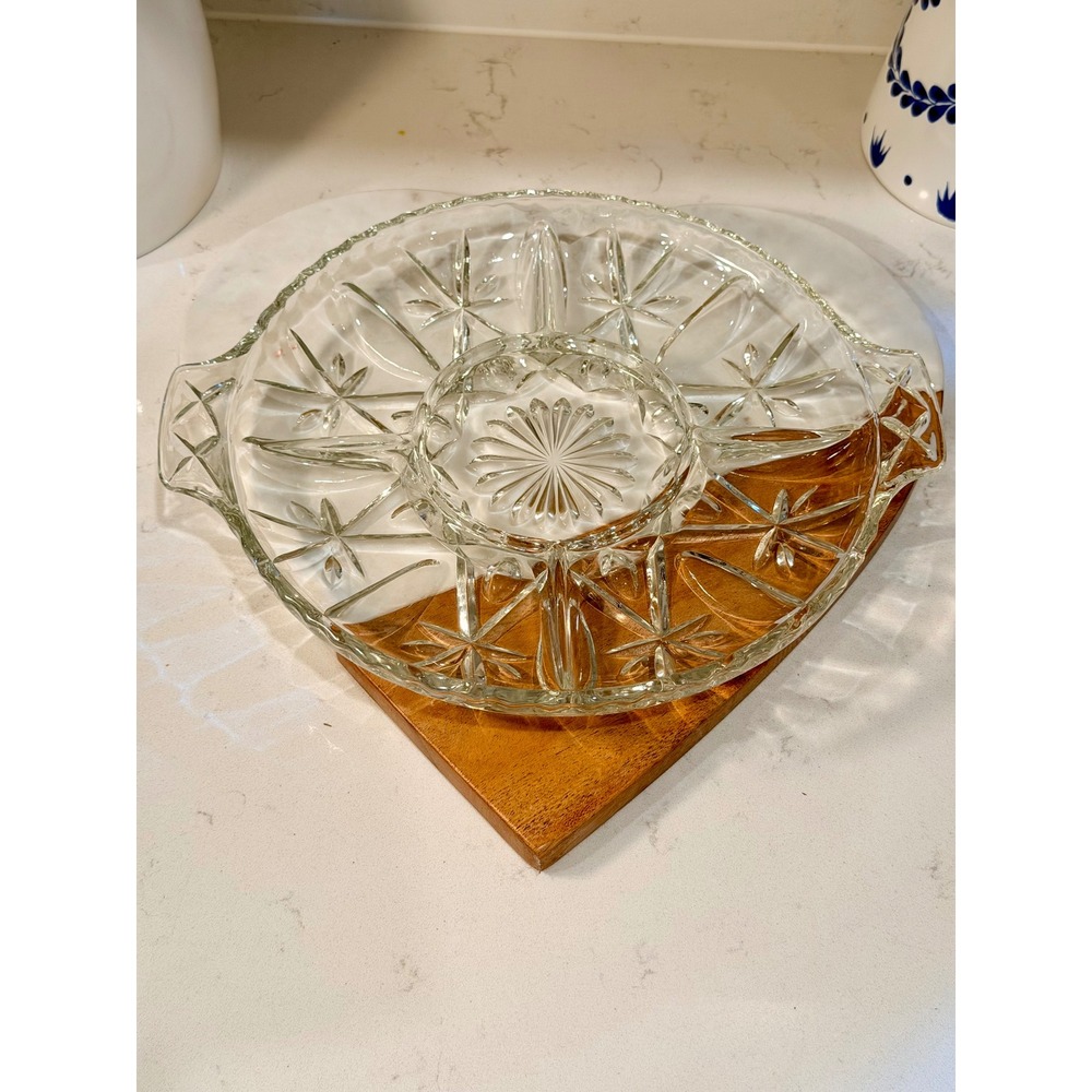 Vintage Clear Pressed Glass Starburst Divided Relish Dish Serving Tray 11.5in